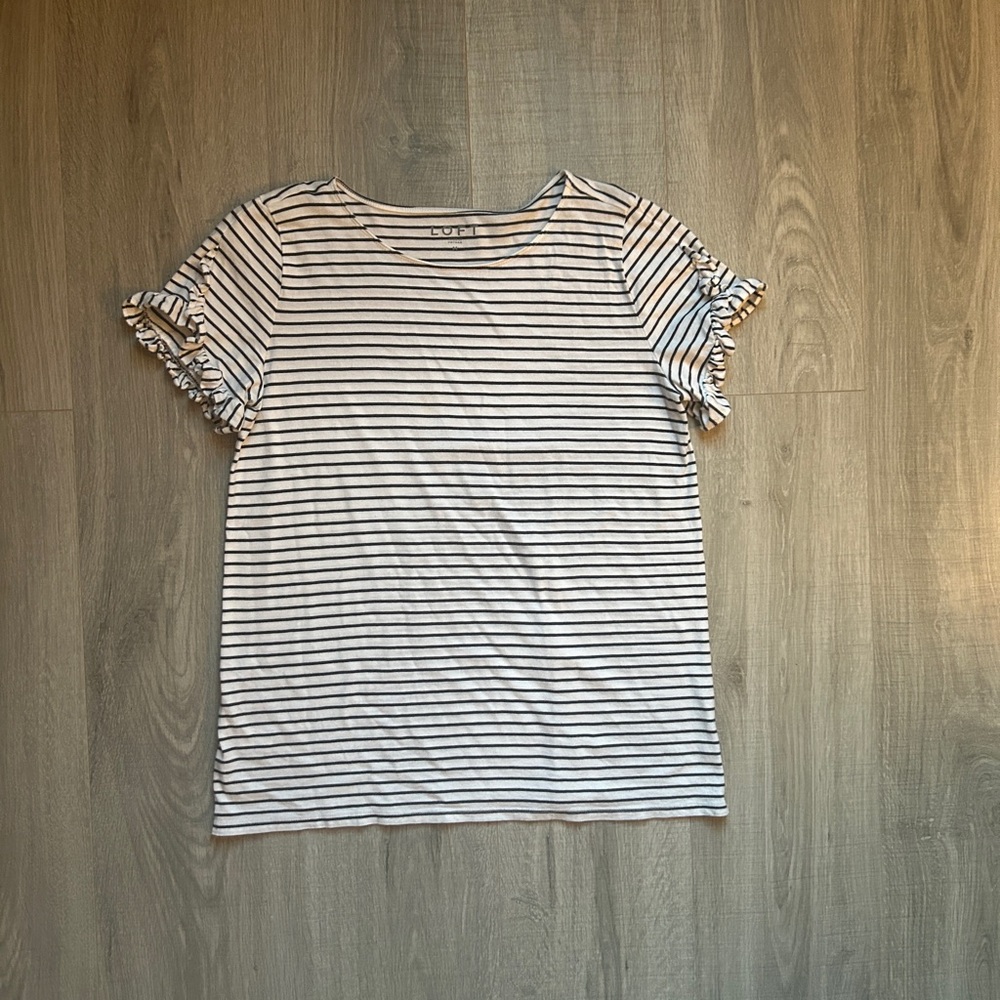 Loft Striped Ruffle Sleeved Striped Short Sleeve Tee (M)